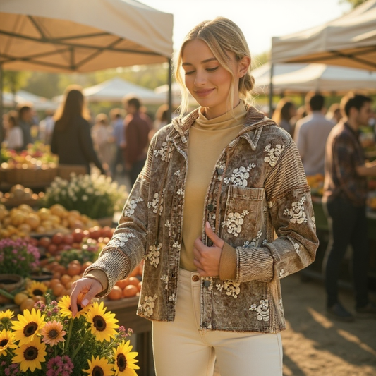Corduroy Flower Embroidery Hoodie Jacket - Washed Toffee