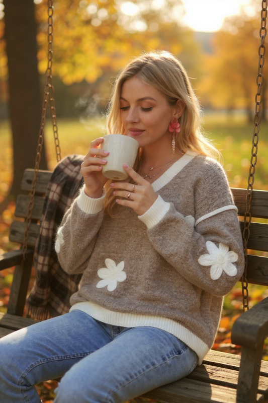 V Neck Floral Applique Sweater