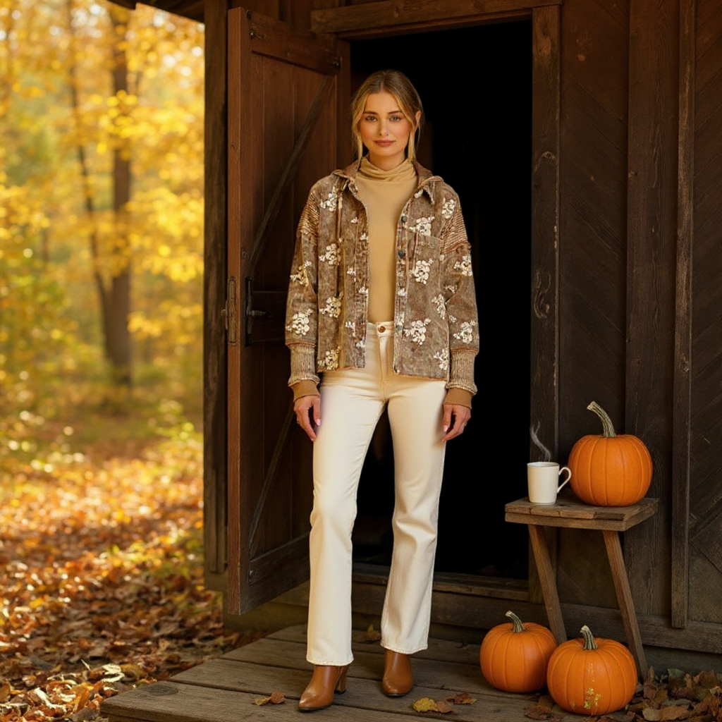 Corduroy Flower Embroidery Hoodie Jacket - Washed Toffee