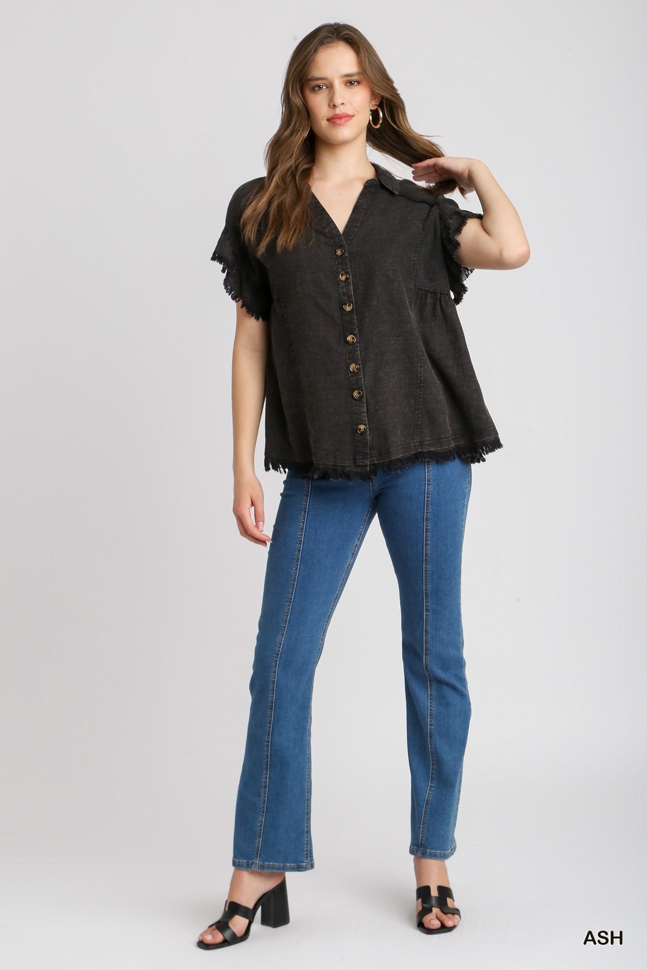 Linen Blend Washed Button Down Top - Ash