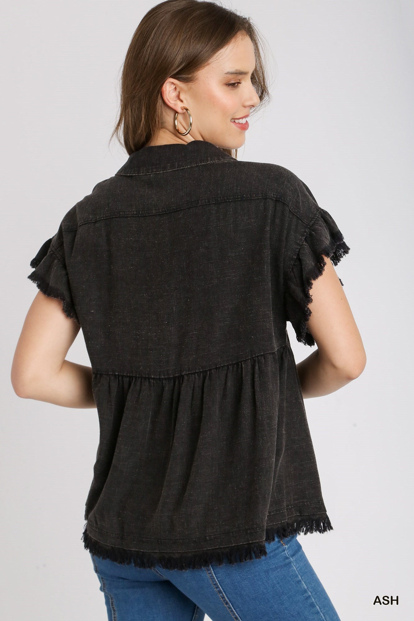 Linen Blend Washed Button Down Top - Ash