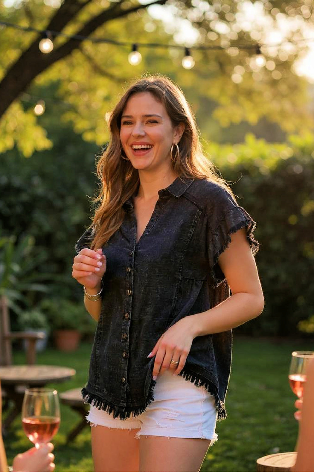 Linen Blend Washed Button Down Top - Ash
