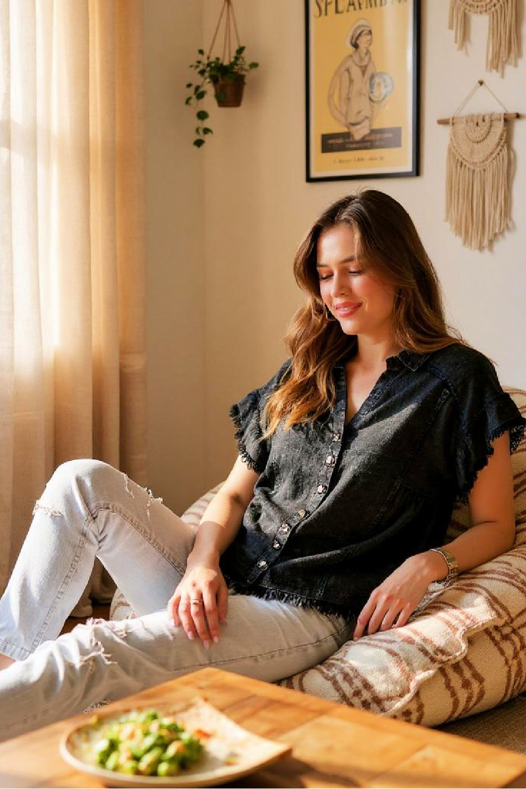 Linen Blend Washed Button Down Top - Ash