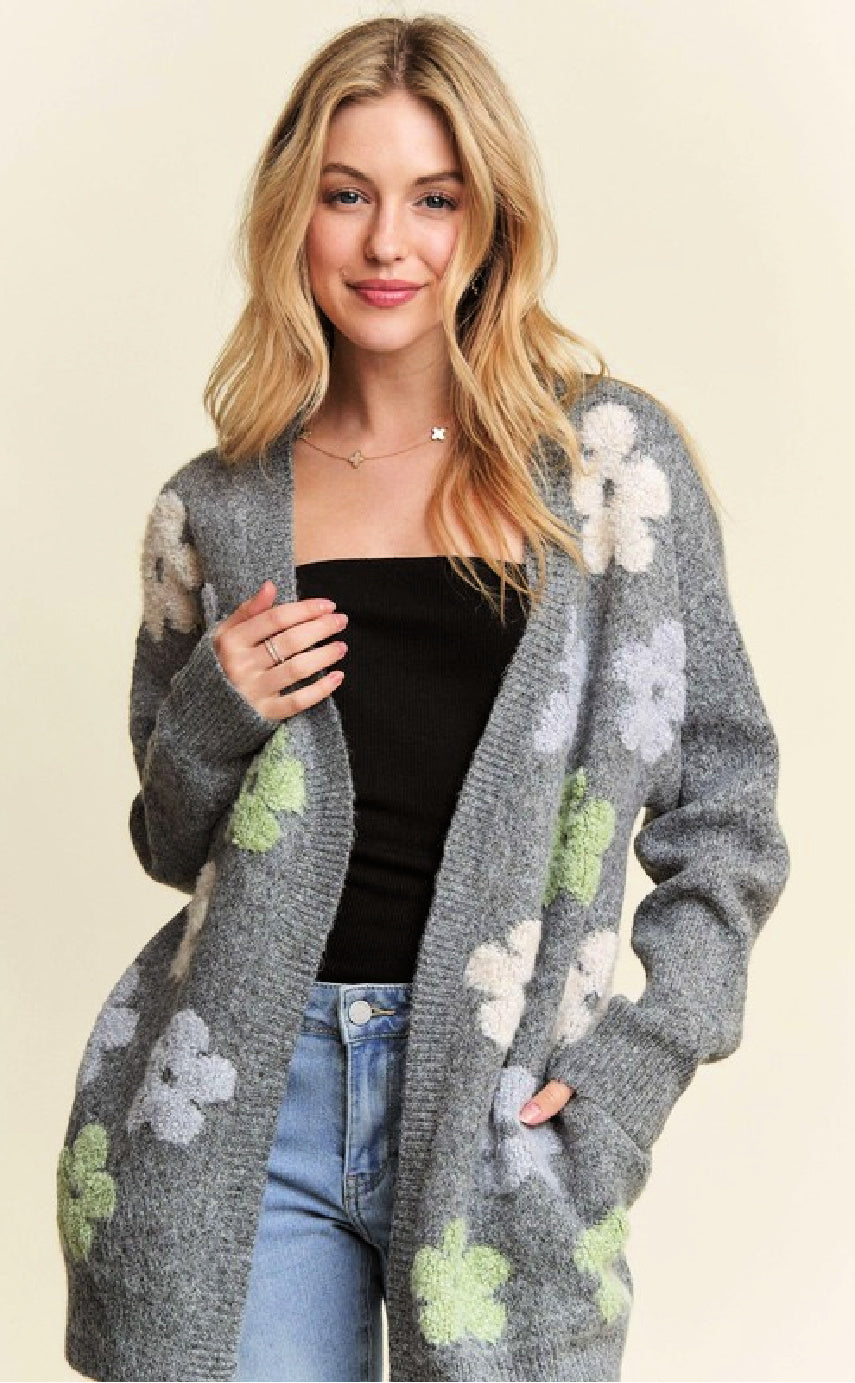 Puff Flower Two Tone Sweater Cardigan
