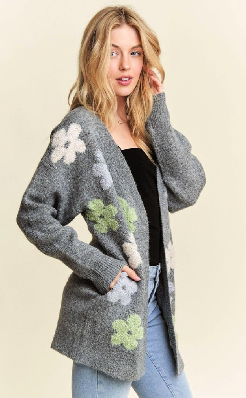 Puff Flower Two Tone Sweater Cardigan