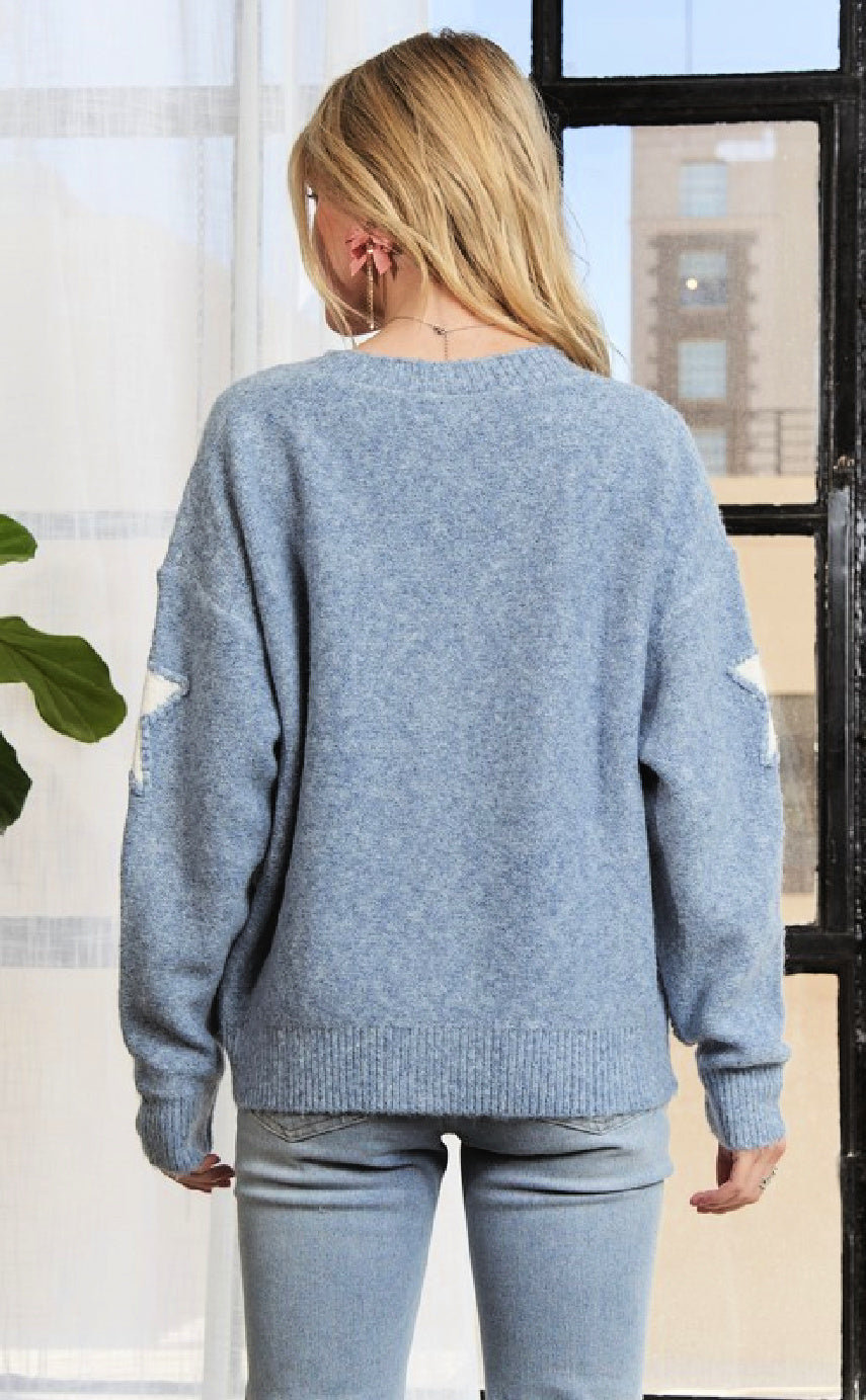Blue Button Down Sweater Cardigan with Star Shape Appliques