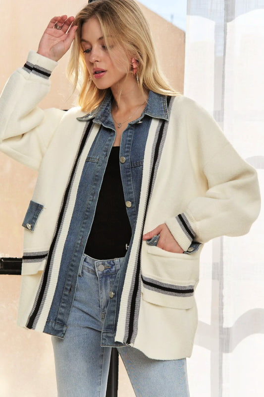 Ivory Sweater Cardigan with Denim Details