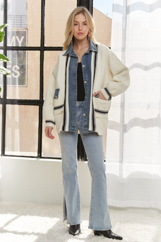 Ivory Sweater Cardigan with Denim Details