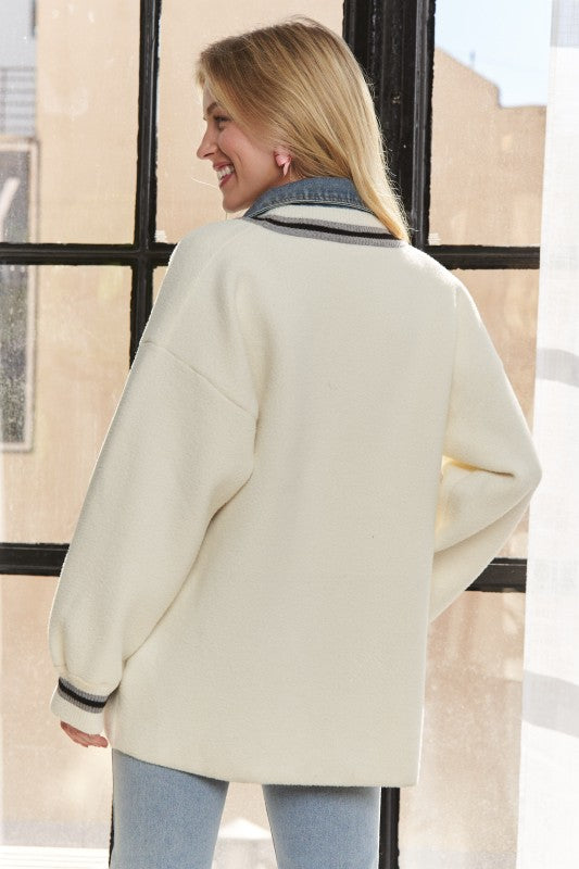 Ivory Sweater Cardigan with Denim Details