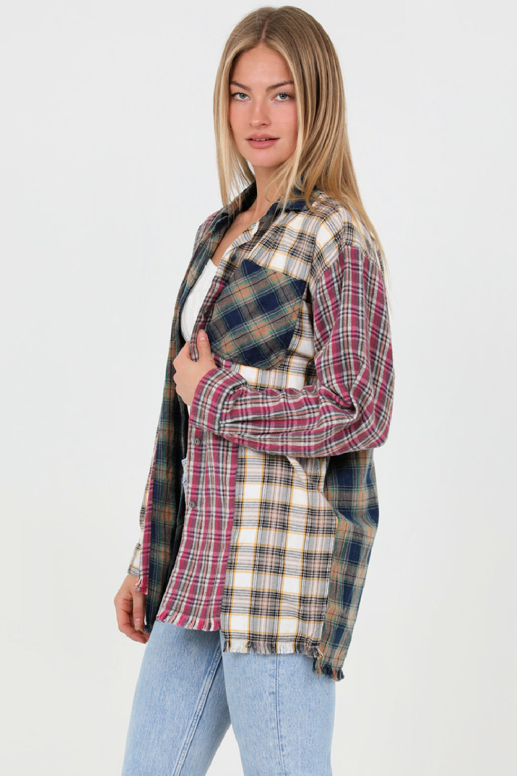 Mixed Plaid Print Button Down Shirt