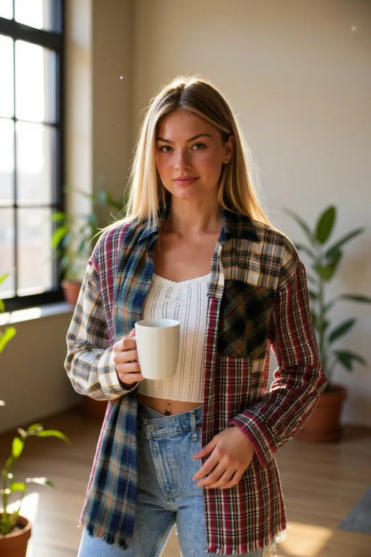 Mixed Plaid Print Button Down Shirt