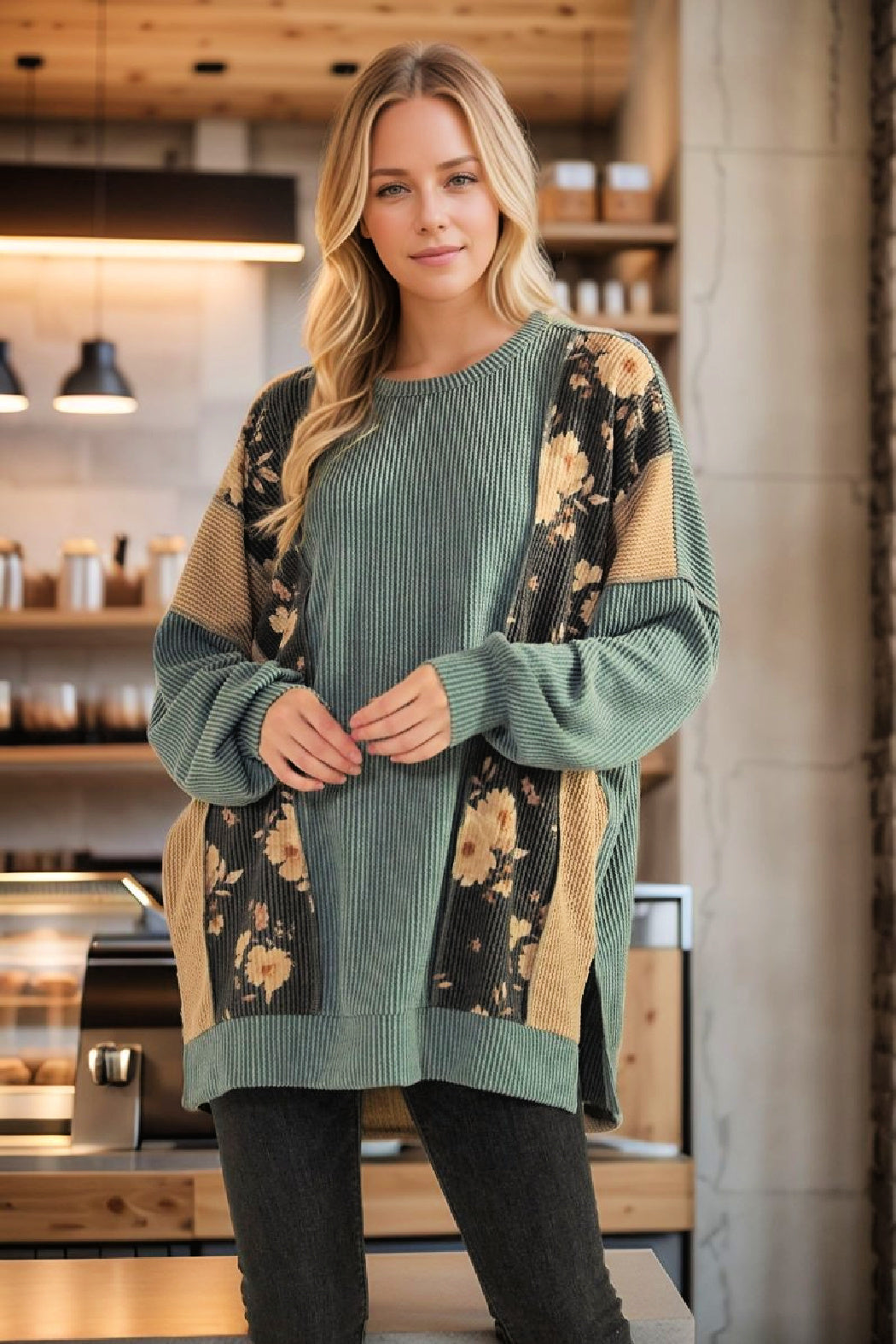 Urban Ribbed Tunic Top with Floral Contrast