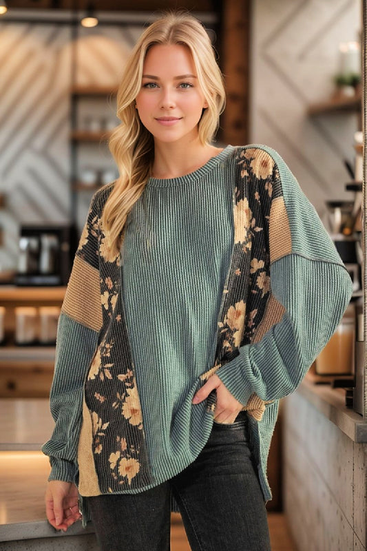 Urban Ribbed Tunic Top with Floral Contrast