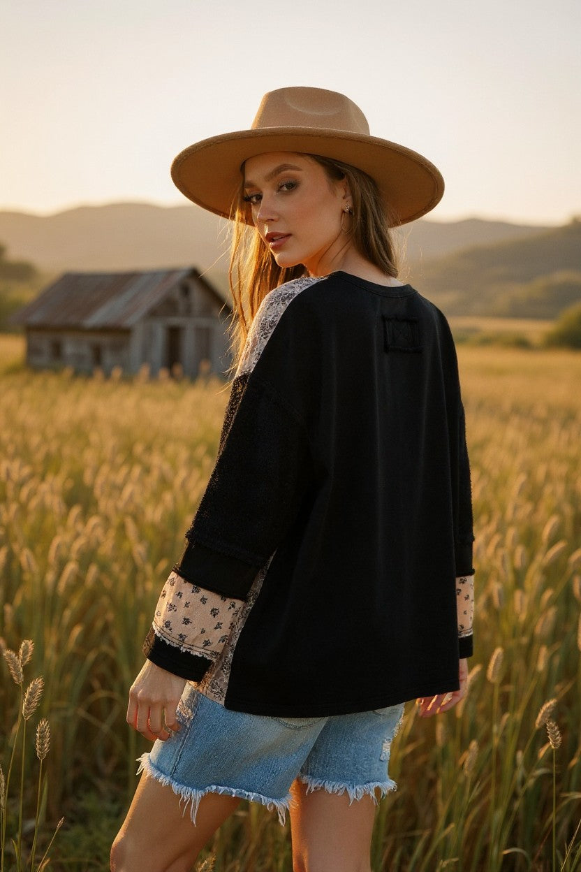 French Terry Patchwork Sleeve Pullover