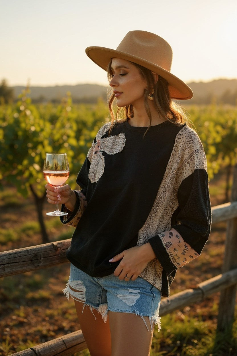 French Terry Patchwork Sleeve Pullover