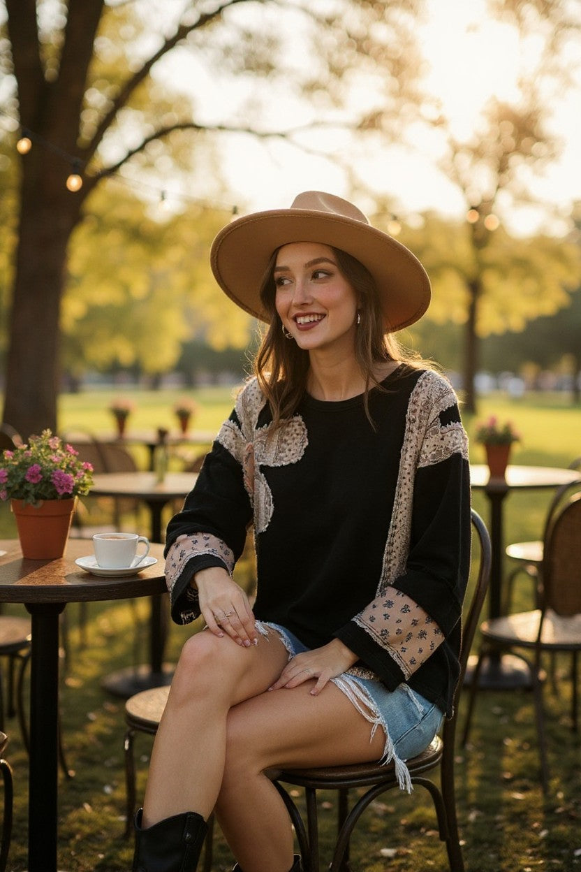 French Terry Patchwork Sleeve Pullover