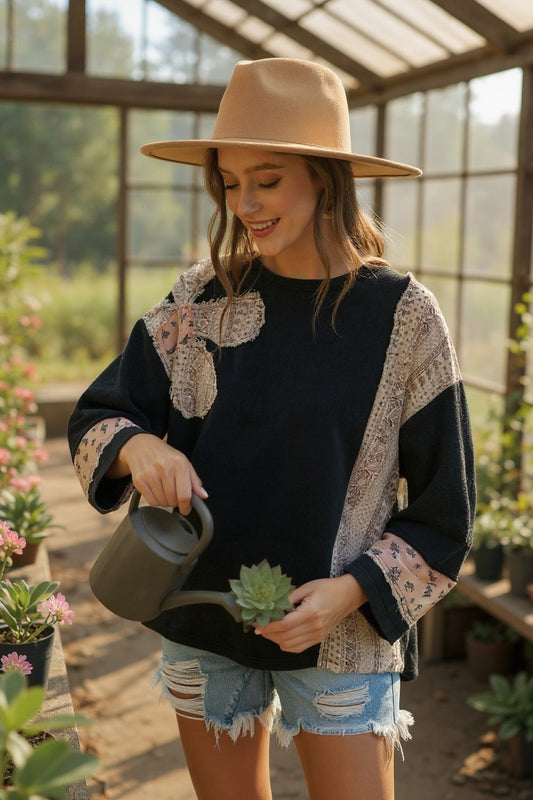 French Terry Patchwork Sleeve Pullover