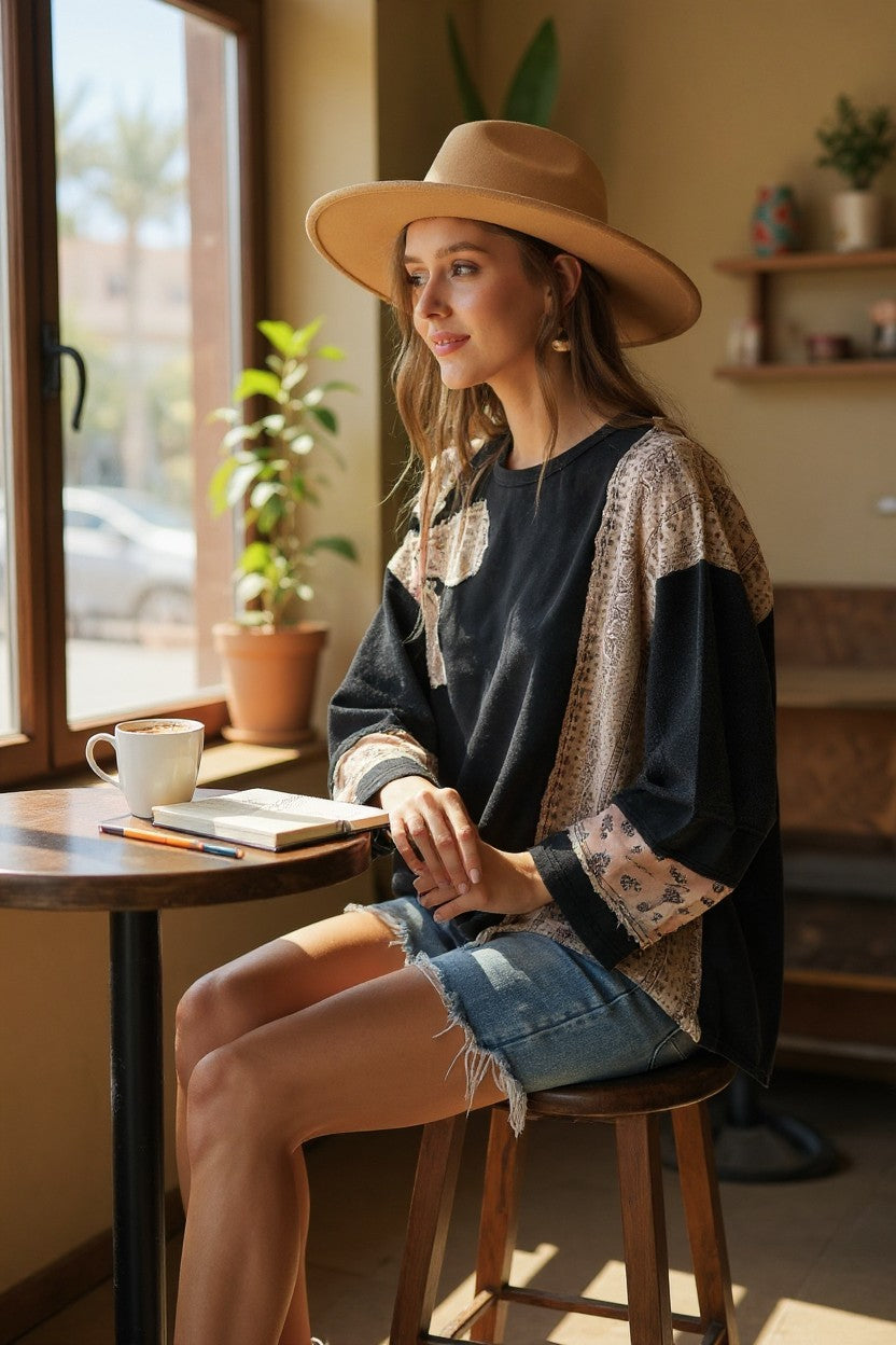 French Terry Patchwork Sleeve Pullover