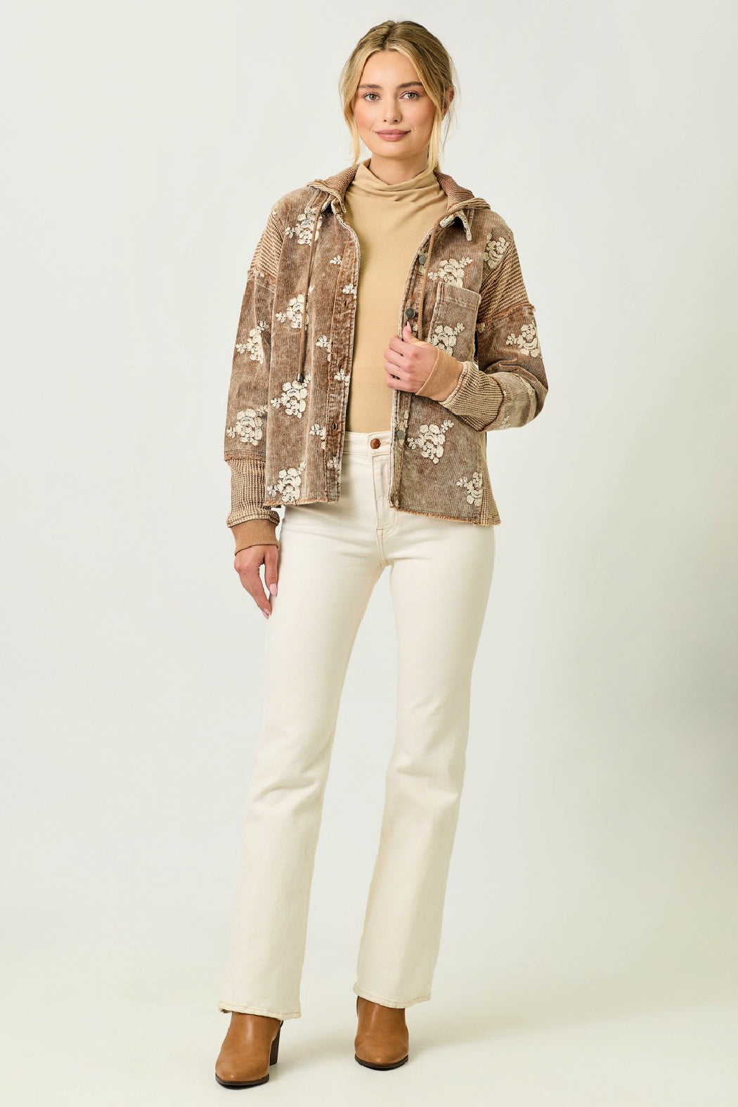 Corduroy Flower Embroidery Hoodie Jacket