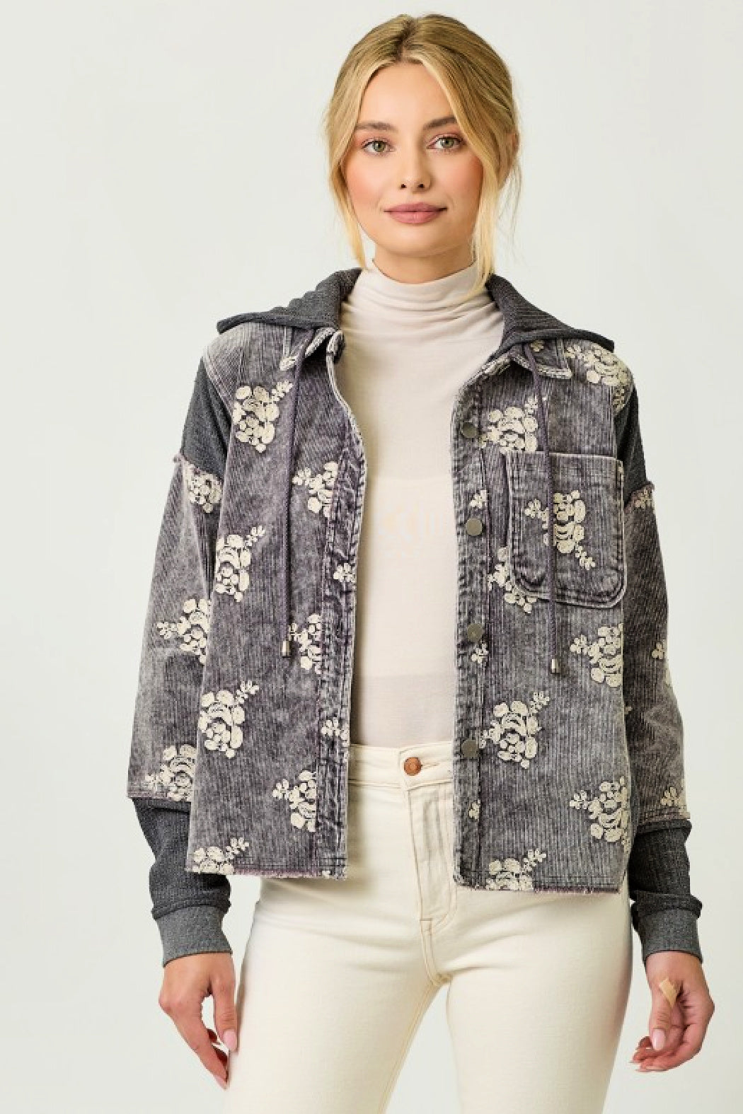 Corduroy Flower Embroidered Hoodie Jacket - Washed Black