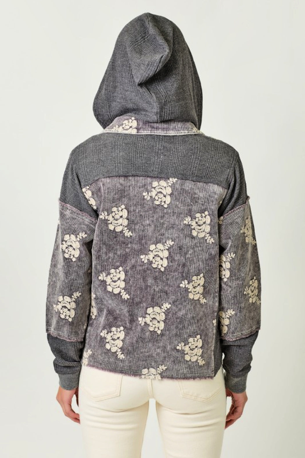 Corduroy Flower Embroidered Hoodie Jacket - Washed Black