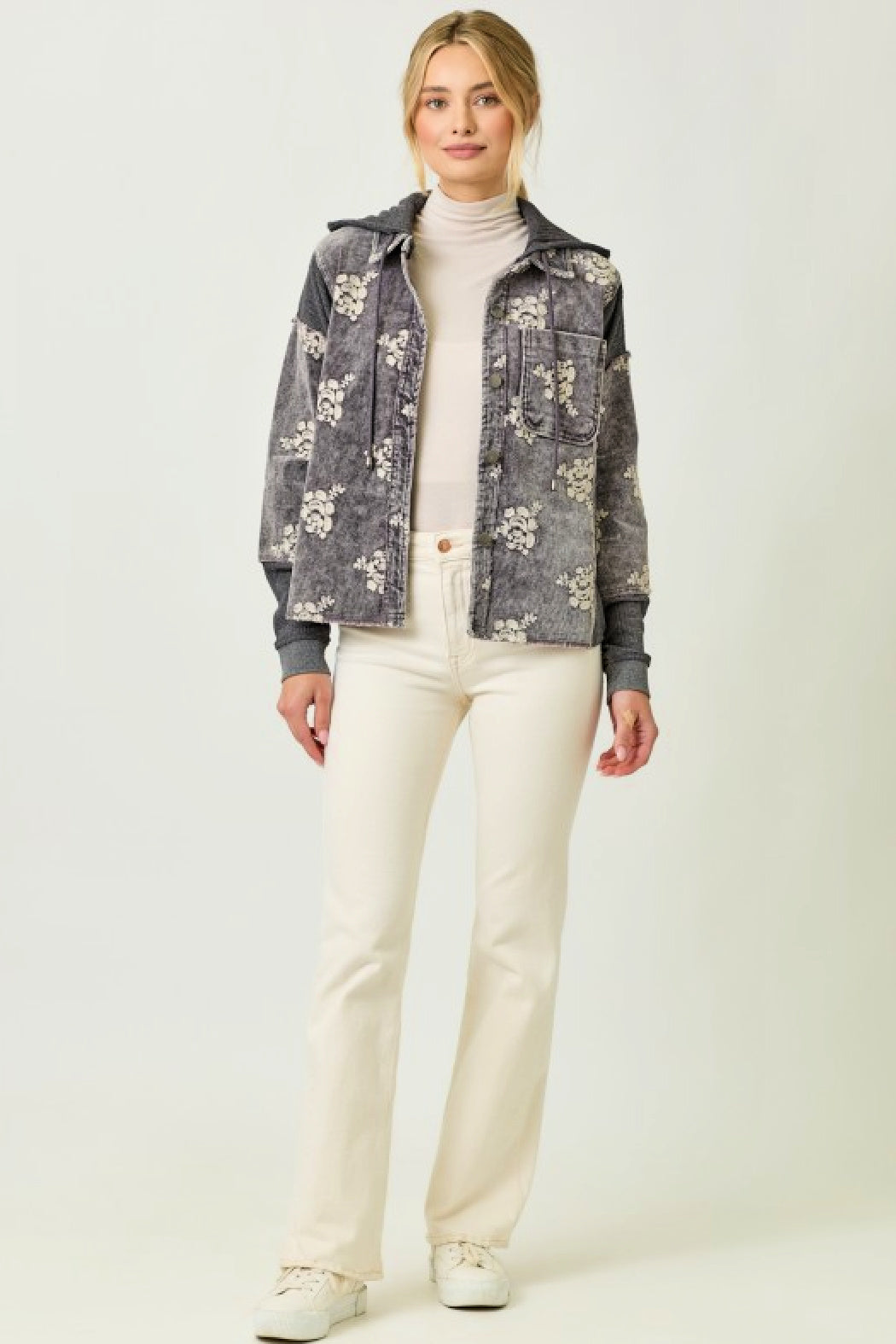 Corduroy Flower Embroidered Hoodie Jacket - Washed Black