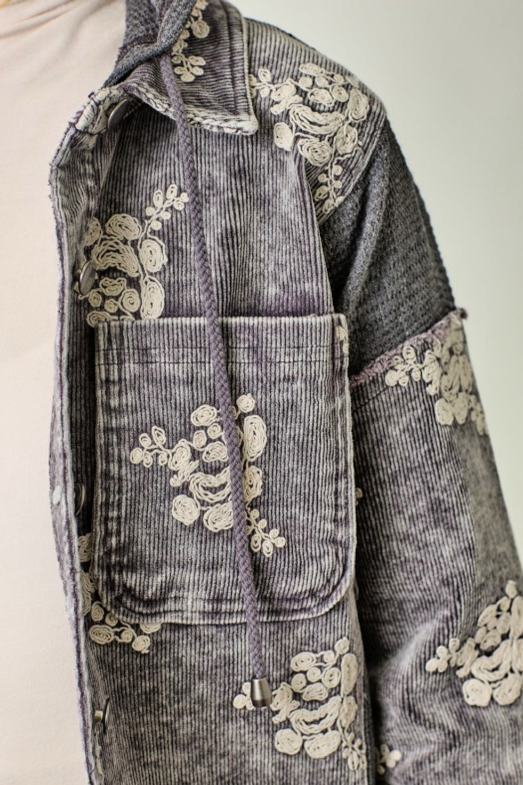 Corduroy Flower Embroidered Hoodie Jacket - Washed Black