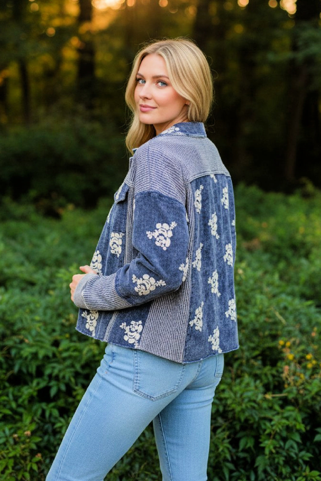 Corduroy Flower Embroidered Hoodie Jacket - Washed Blue