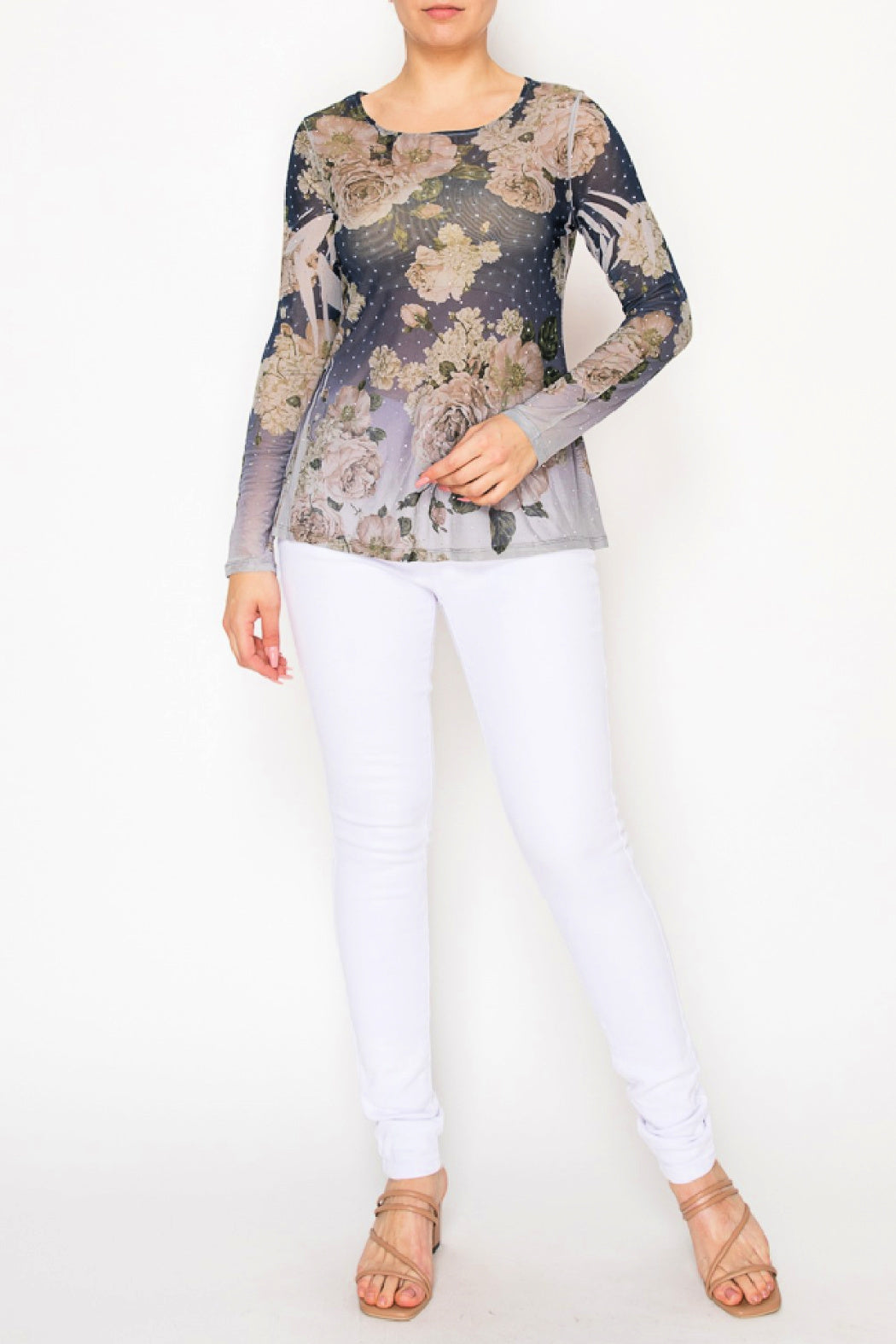 Long Sleeve Mesh Floral Top