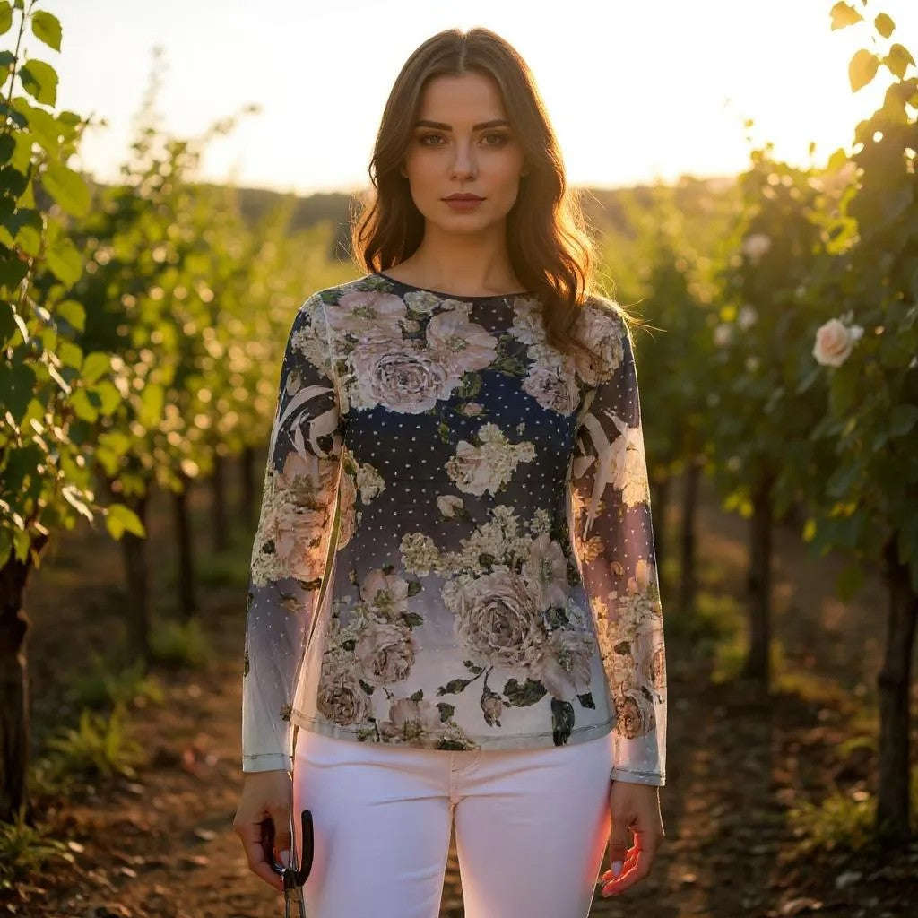 Long Sleeve Mesh Floral Top