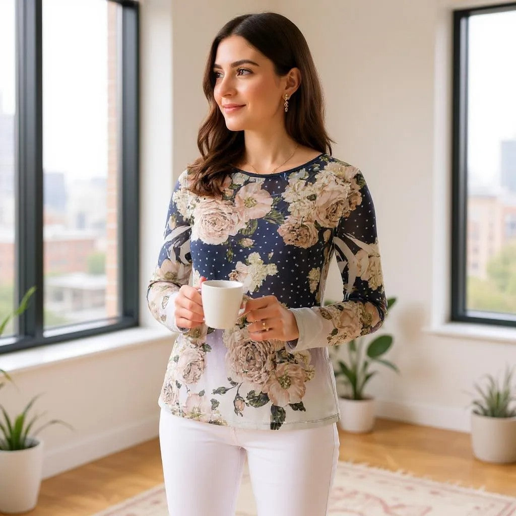 Long Sleeve Mesh Floral Top