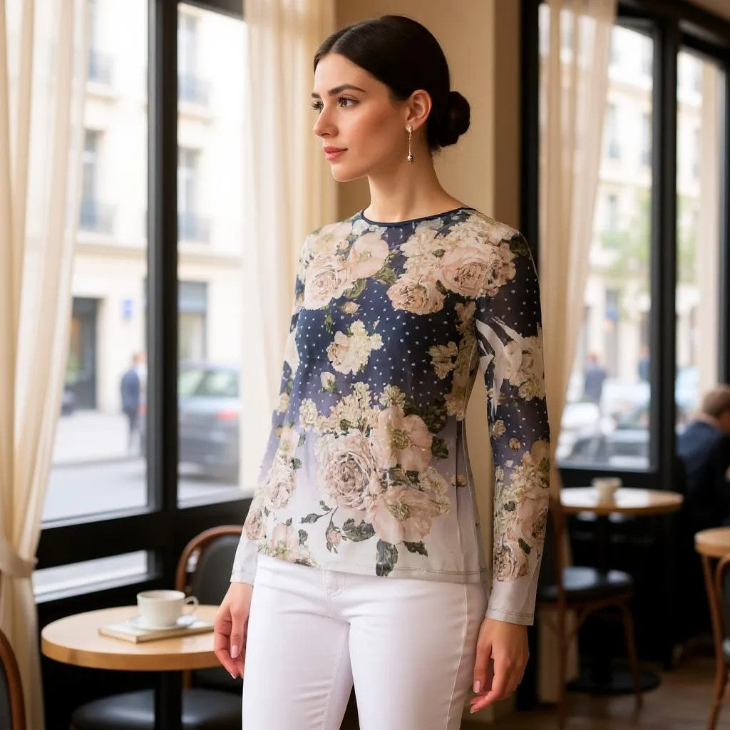 Long Sleeve Mesh Floral Top