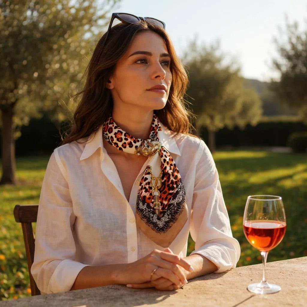 Leopard Western Silk Scarf - Brown Border