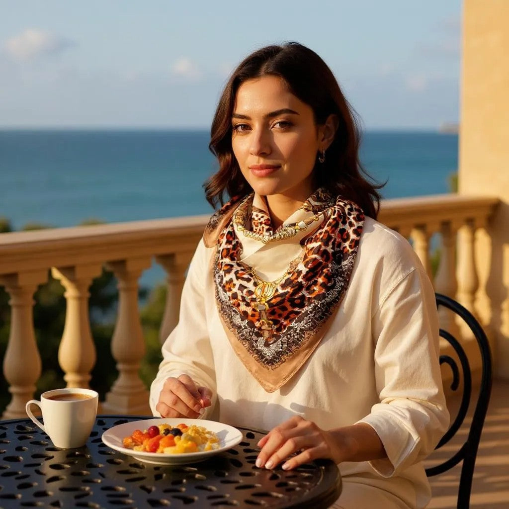Leopard Western Silk Scarf - Brown Border