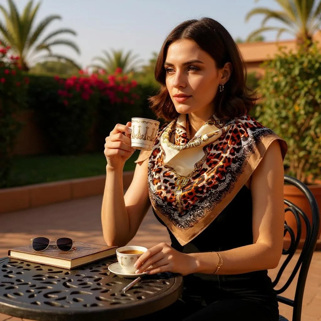 Leopard Western Silk Scarf - Brown Border