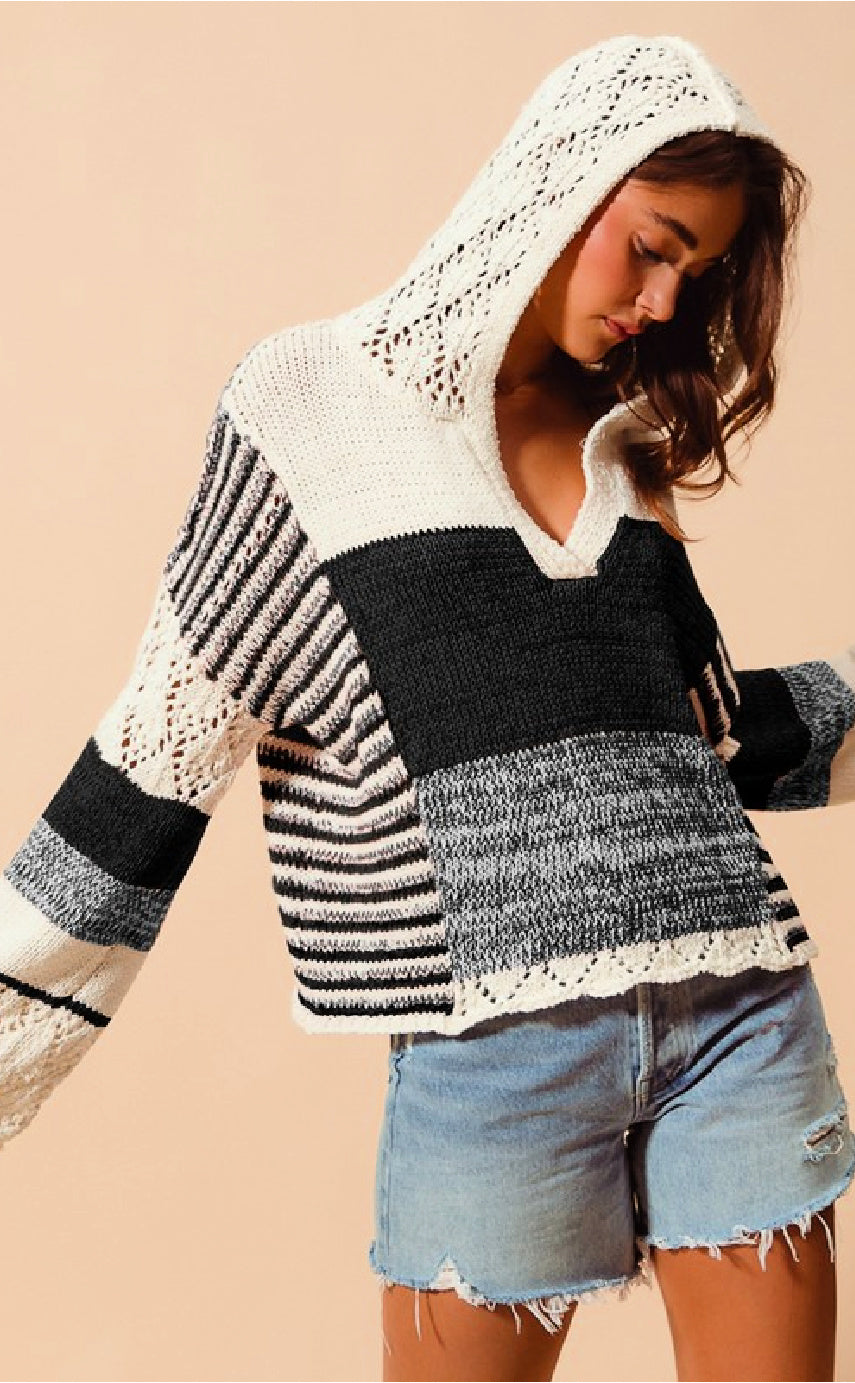 Color Block Hooded Pullover Crochet Sweater