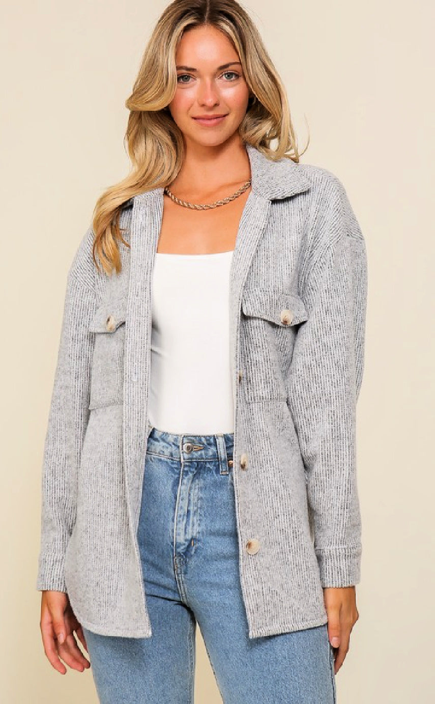Button Down Brushed Waffle Shacket - Heather Grey