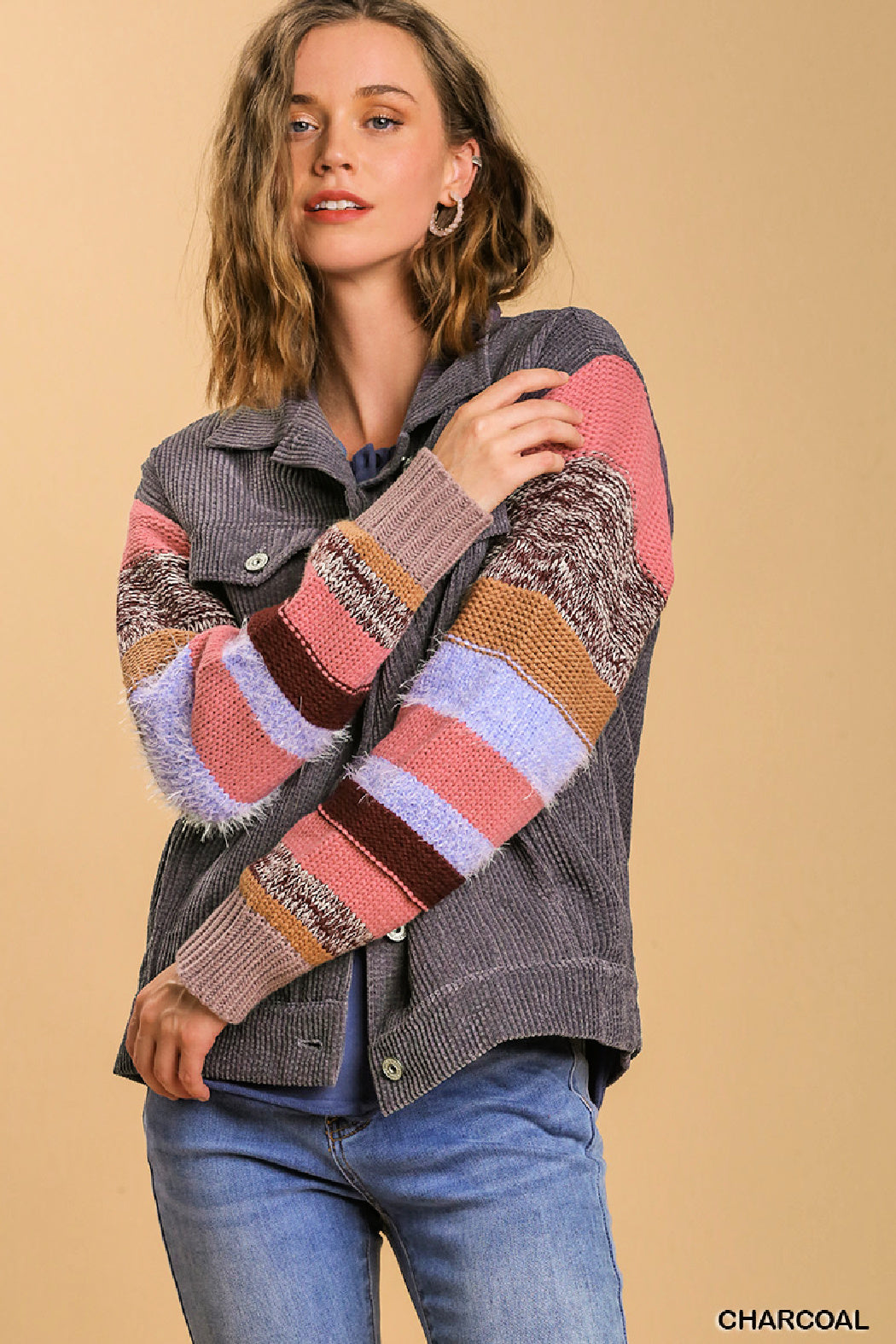 Collared Button Down Jacket with Striped Knit Contrast Sleeves