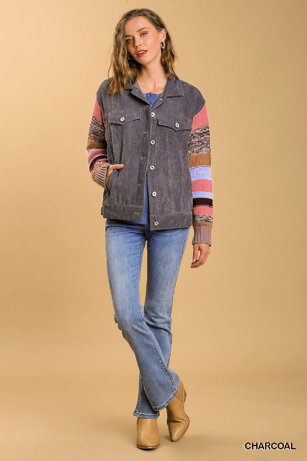 Collared Button Down Jacket with Striped Knit Contrast Sleeves