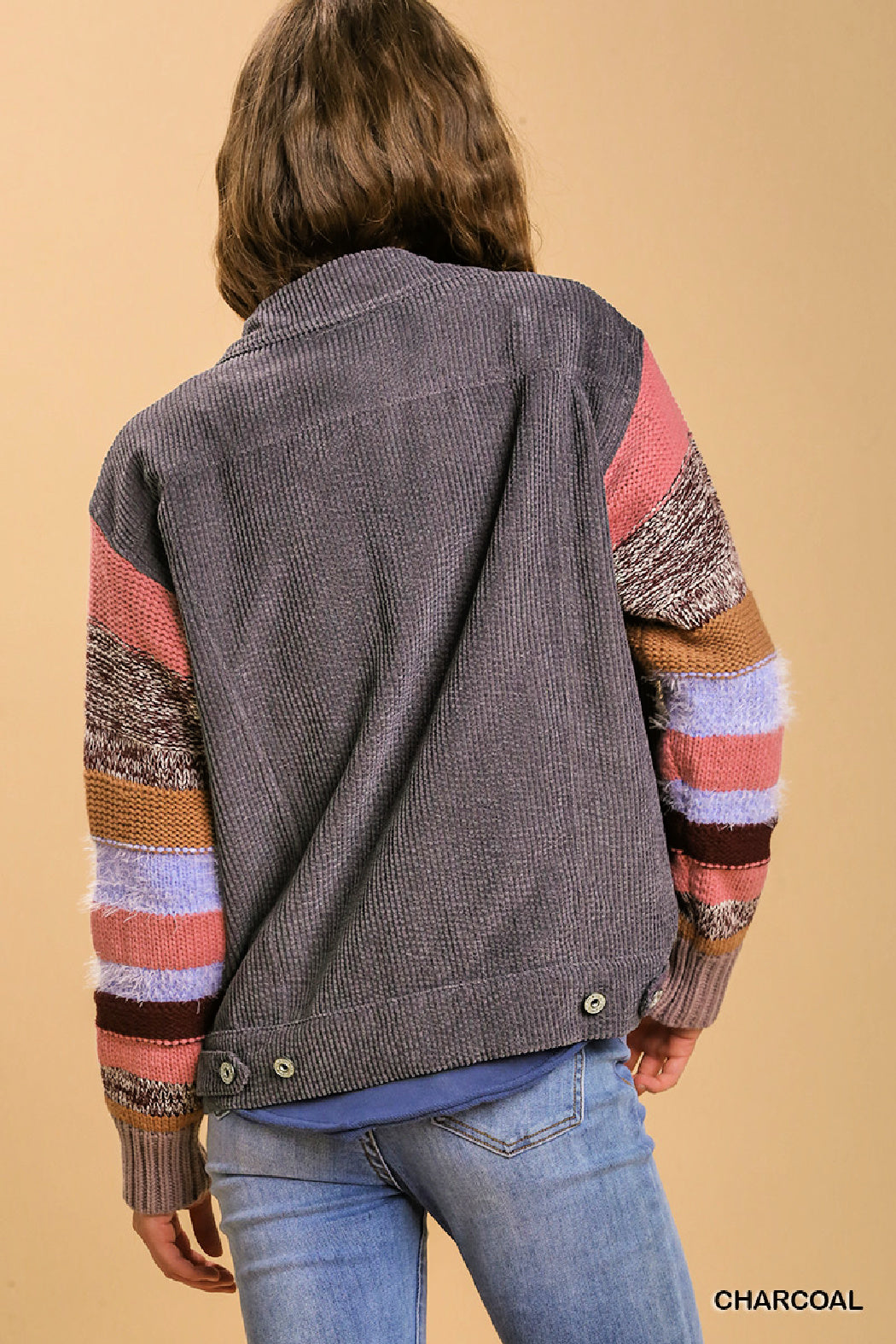 Collared Button Down Jacket with Striped Knit Contrast Sleeves