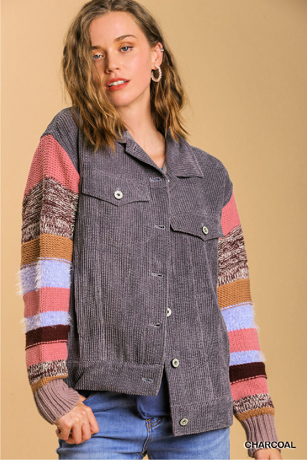 Collared Button Down Jacket with Striped Knit Contrast Sleeves