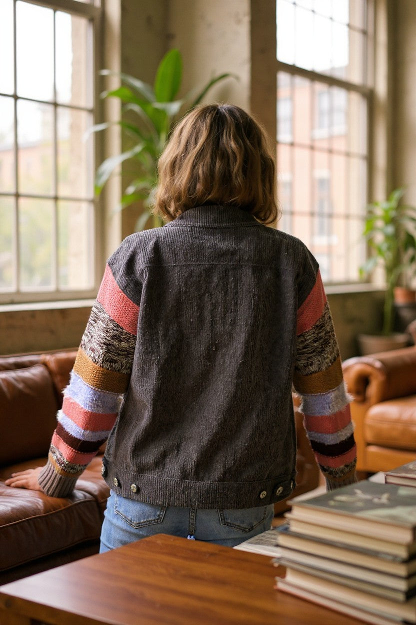 Collared Button Down Jacket with Striped Knit Contrast Sleeves