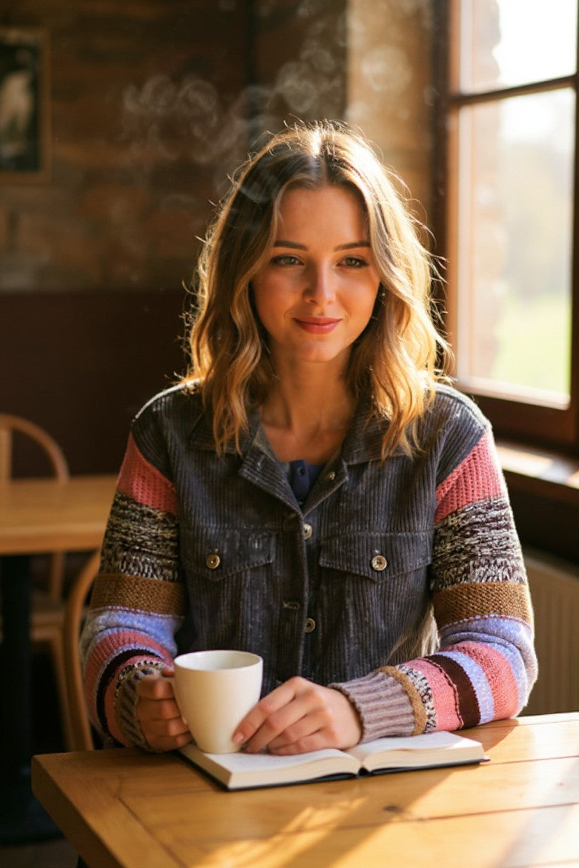 Collared Button Down Jacket with Striped Knit Contrast Sleeves