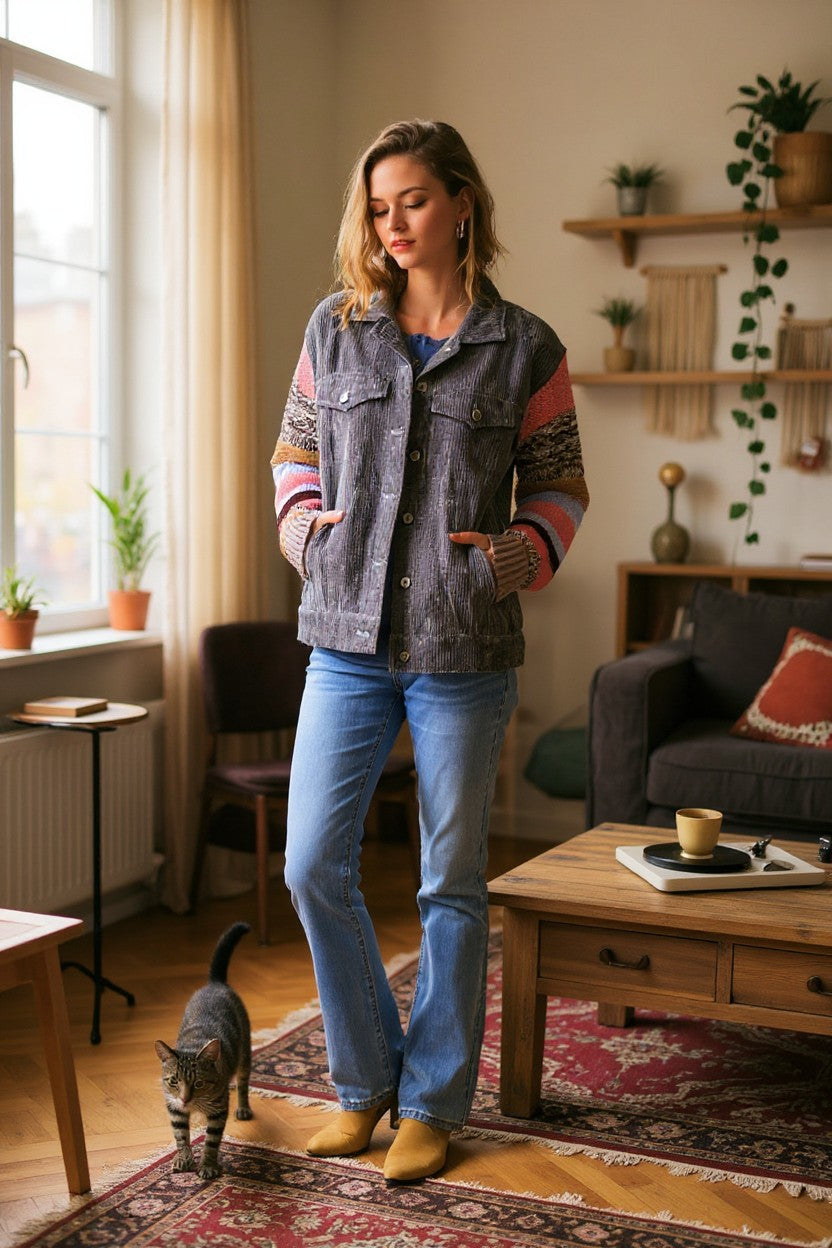 Collared Button Down Jacket with Striped Knit Contrast Sleeves