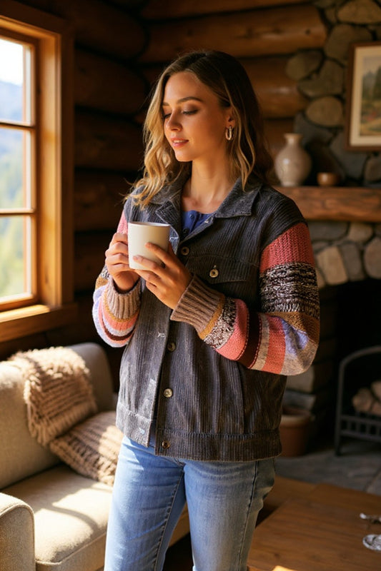 Collared Button Down Jacket with Striped Knit Contrast Sleeves