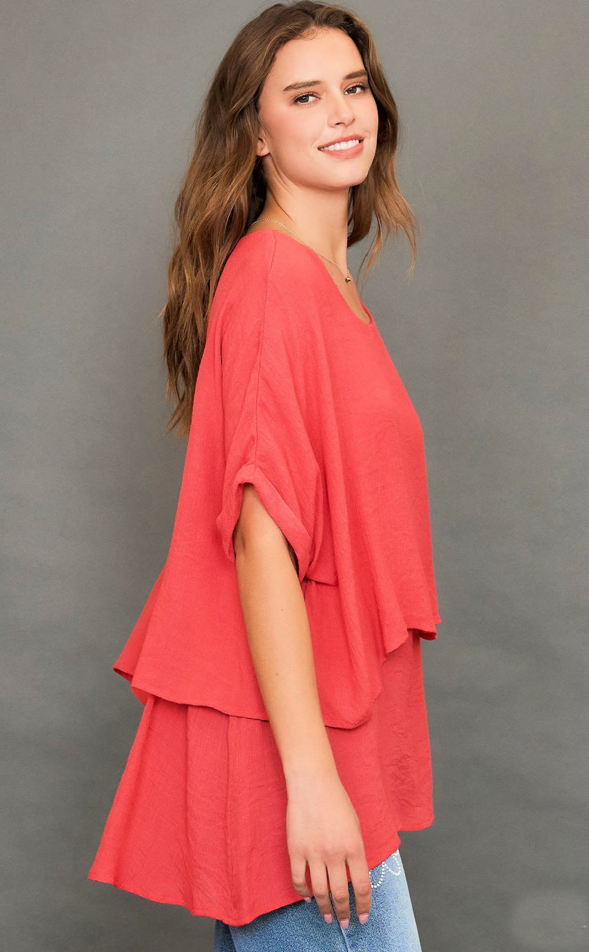 Cuffed Sleeve Layered Tunic Top - Coral