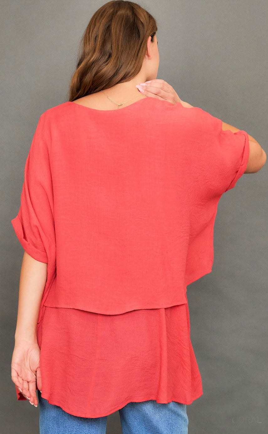 Cuffed Sleeve Layered Tunic Top - Coral