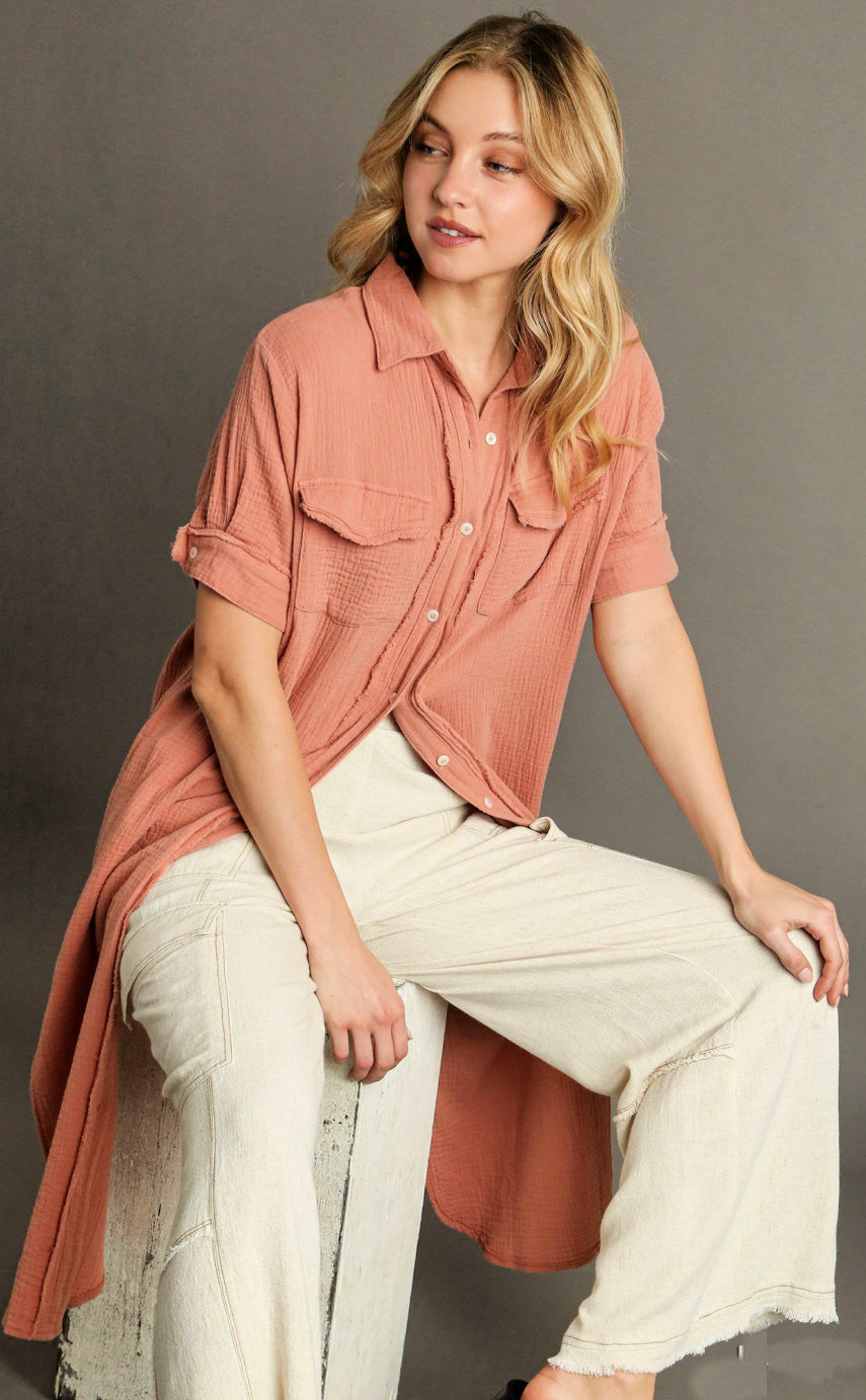 Button Up Cotton Gauze Midi Dress/Duster