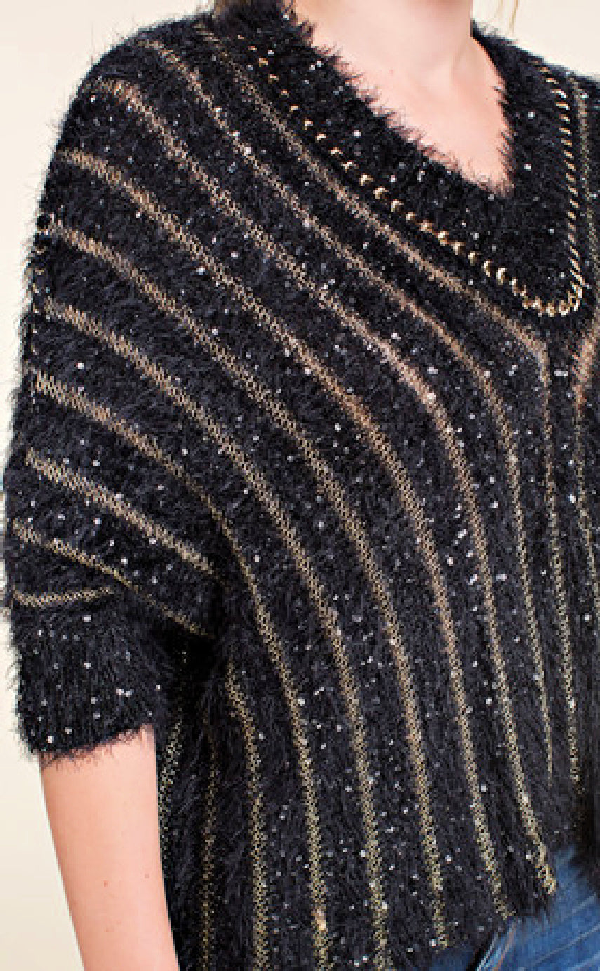 ON SALE - Black Crop Sweater with Gold Stripe