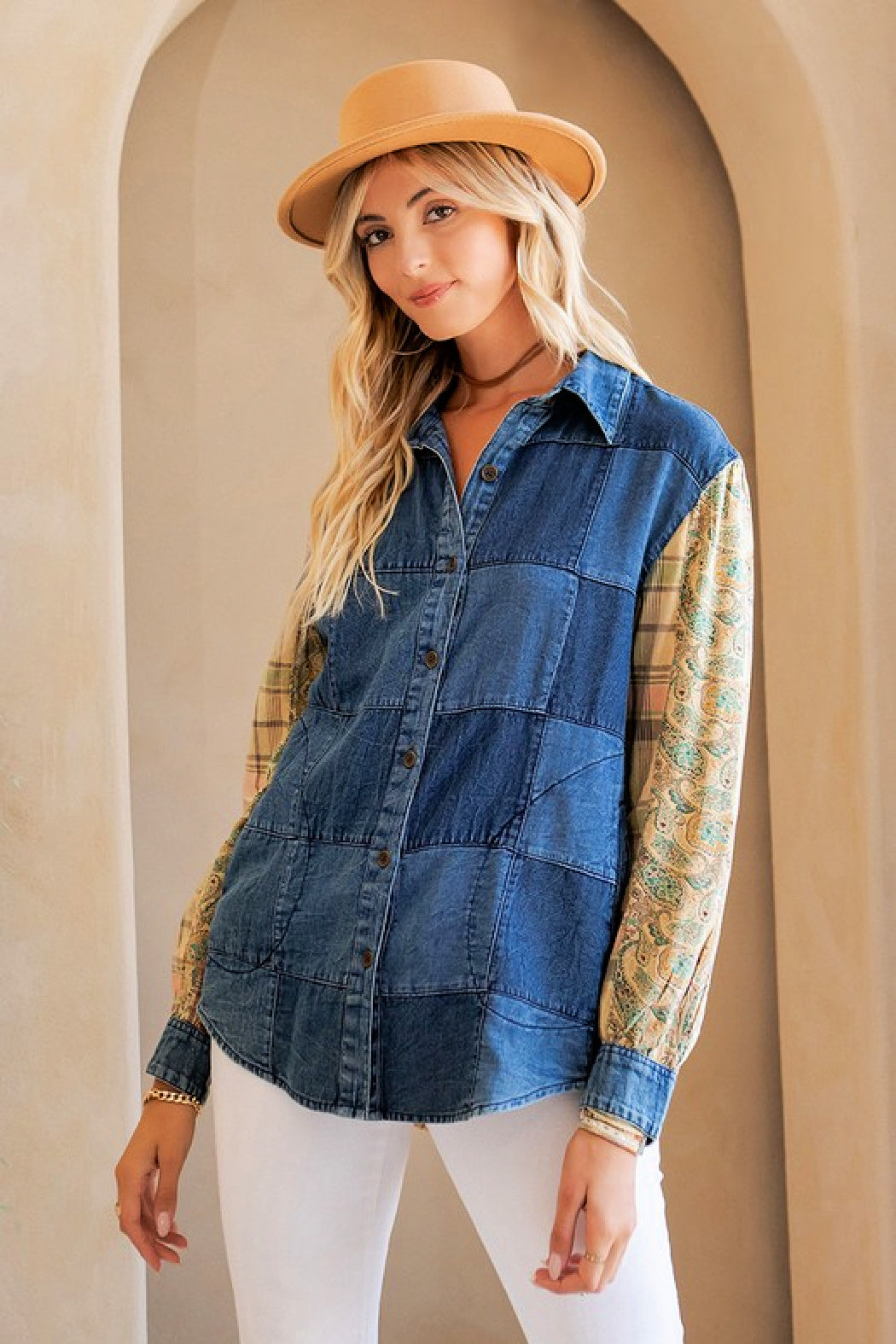 Western Boho Patchwork Denim Button Down Shirt